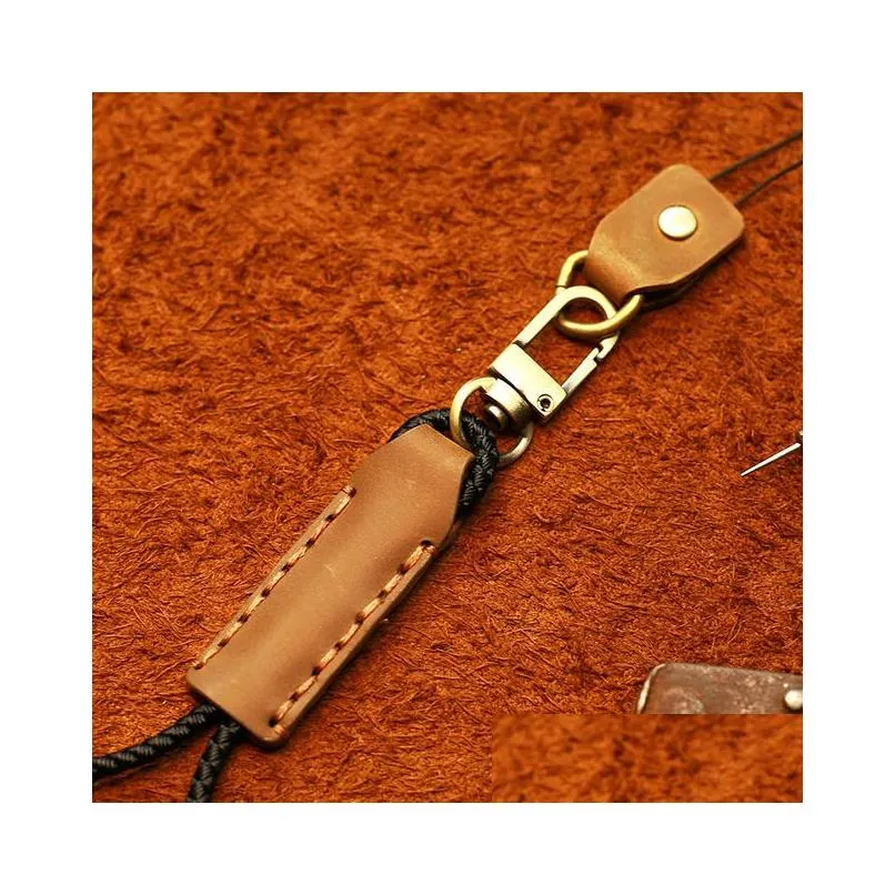 Cell Phone Straps & Charms Handmade Leather Lanyard For Key Antilost Keychain Mobile Phone Accessories Credential Holder Strap4850173 Ot5Fr