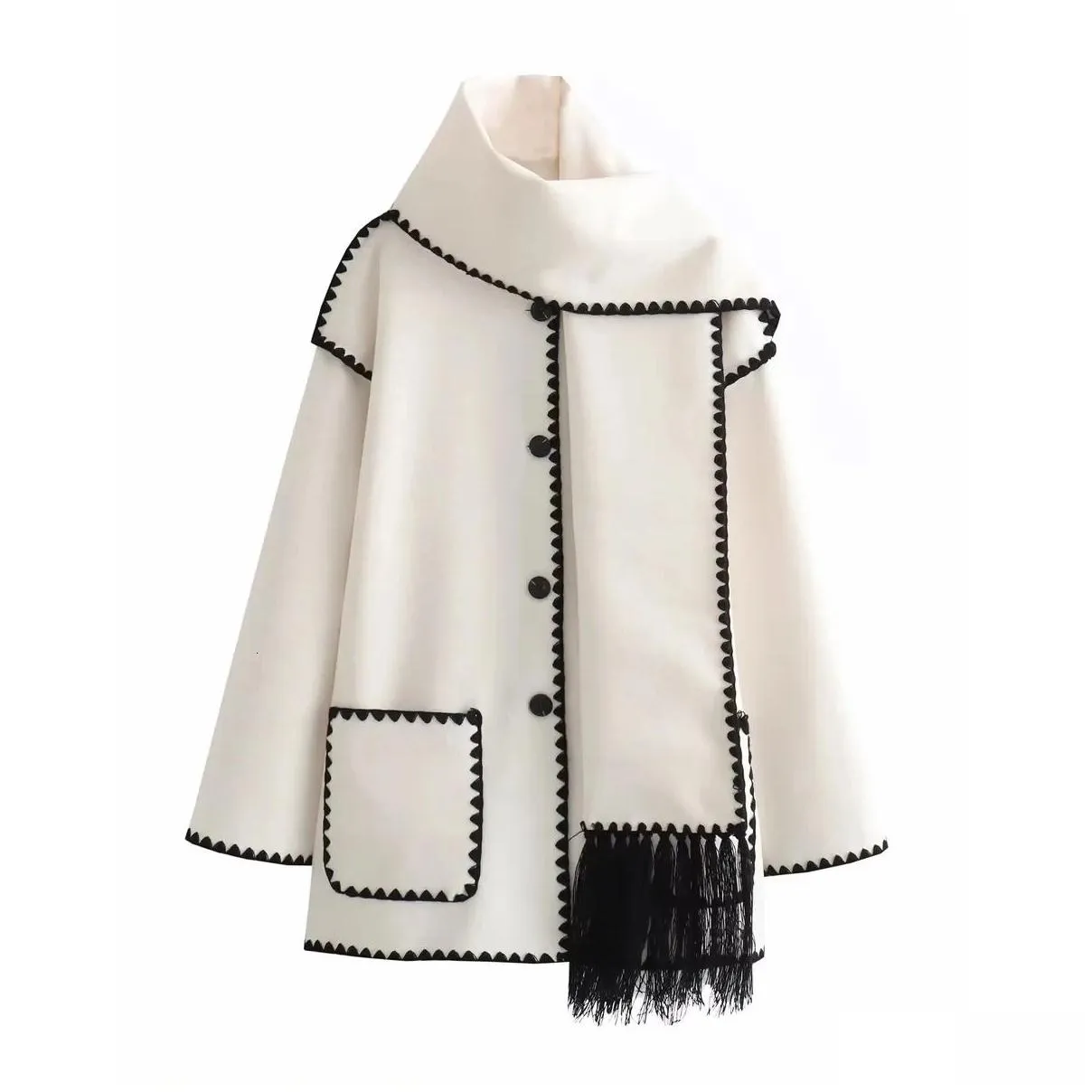 Women`S Wool & Blends Womens Wool Blends Traf Winter Women Woolen Coat Work Tassel Coats With Scarf Long Sleeve Pocket Single Breasted Otbmx