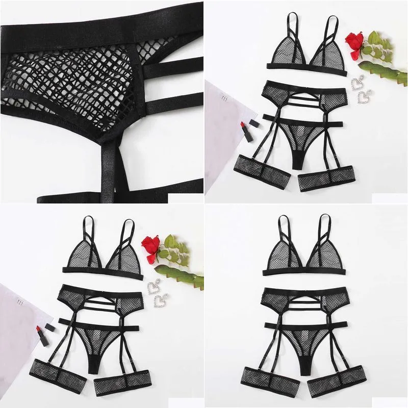 Bras Sets Sexy Fashion Lace Lingerie Underwear Sleepwear Wireless Pajamas Garter No Rims 3-Piece Q0715 Drop Delivery Apparel Womens Dhhxr