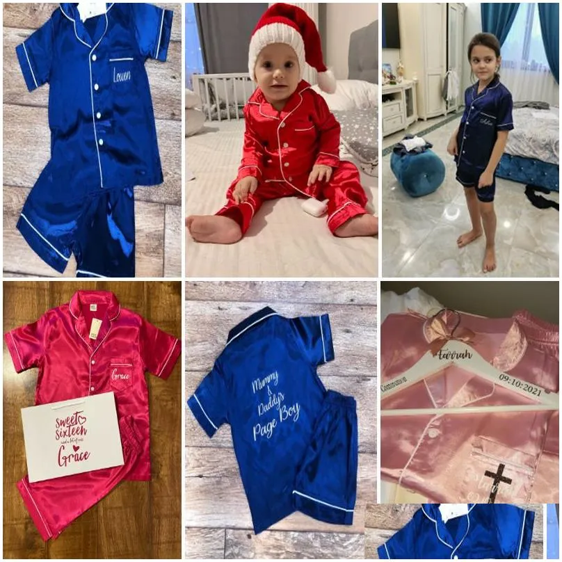 Pajamas 2023 Red Custom Silk Pyjamas Solid Kids Sets 2Pcs Children s Boy Girl Pjs Clothes Toddler Personalized Sleepwear Gifts 230724