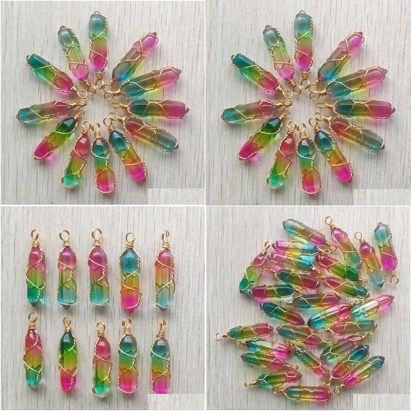 3 Colors Glass Hexagon Prism Charms Handmade Copper Wire Pillar Shape Pendants for Jewelry Making