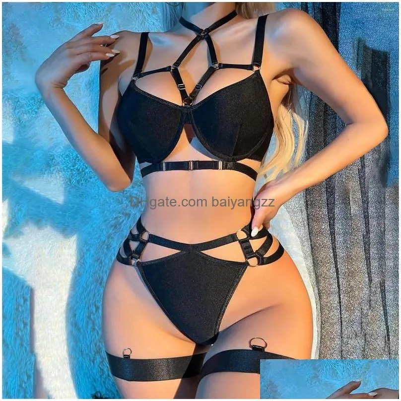 Bras Sets 2023 Nightclub Sexy Girl Binding Craft Fun Underwear Set Crotchless Mesh Pajamas Bodysuit Lingerie Drop Delivery Apparel Wo Dhkyl