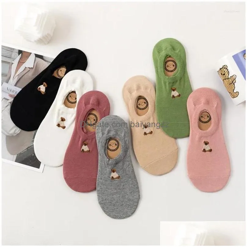 Socks Hosiery Women 1Pr Invisible Womens Non-Slip Off Pure-Cotton Shallow Mouth Spring Summer Thin Bear Embroidery Cute Trendy Styl Dhhfi