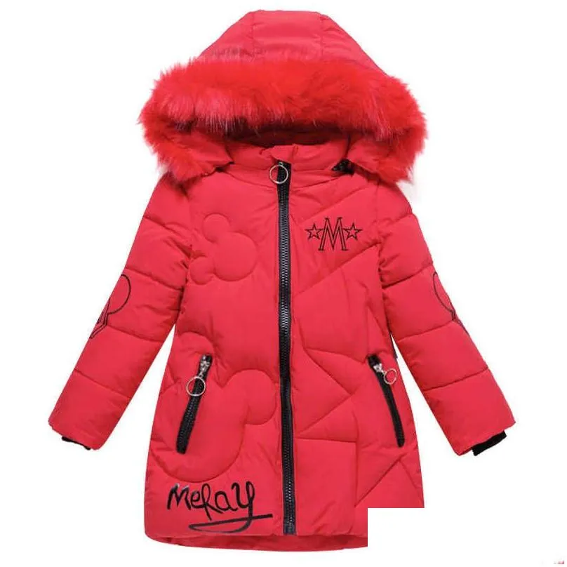 Baby girl clothes 3-12 years old winter padded jacket warm fashion children`s hooded girls faux fur 211025