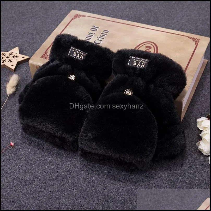 soft faux fur gloves fuzzy lined flip up down top fingerless winter warm cover mittens for teen girls women outdoor sports