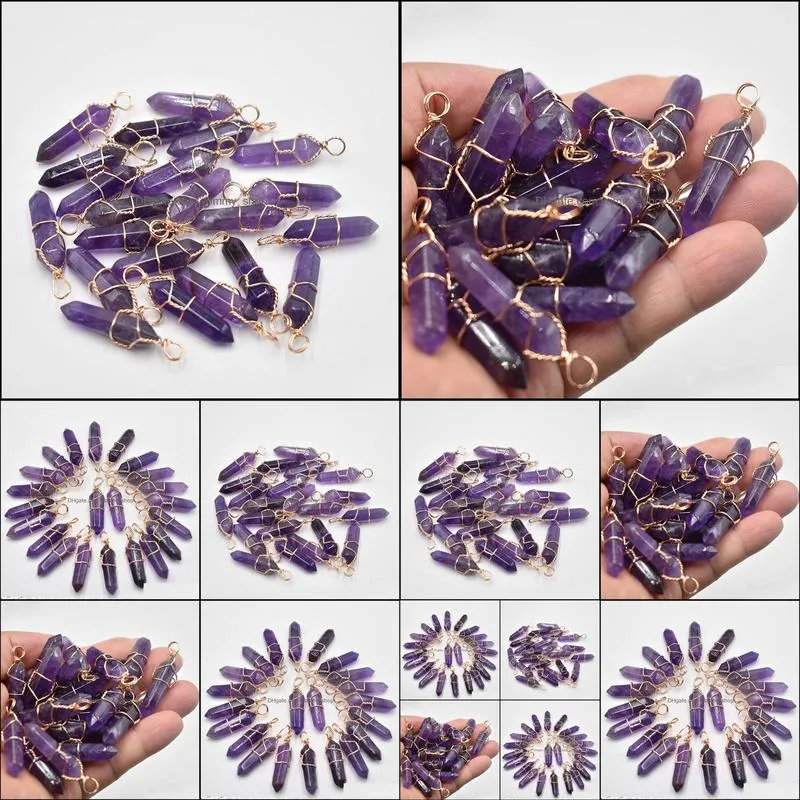 amethyst stone pillar shape point pendulum charms handmade gold color iron wire pendants for fashion jewelry making wholesale