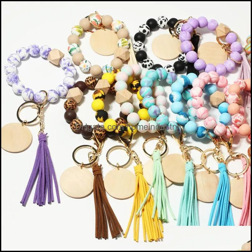 beautiful silicone wood beads keychain keyring for women wristlet bracelet pendant keychain with jewelry accessories
