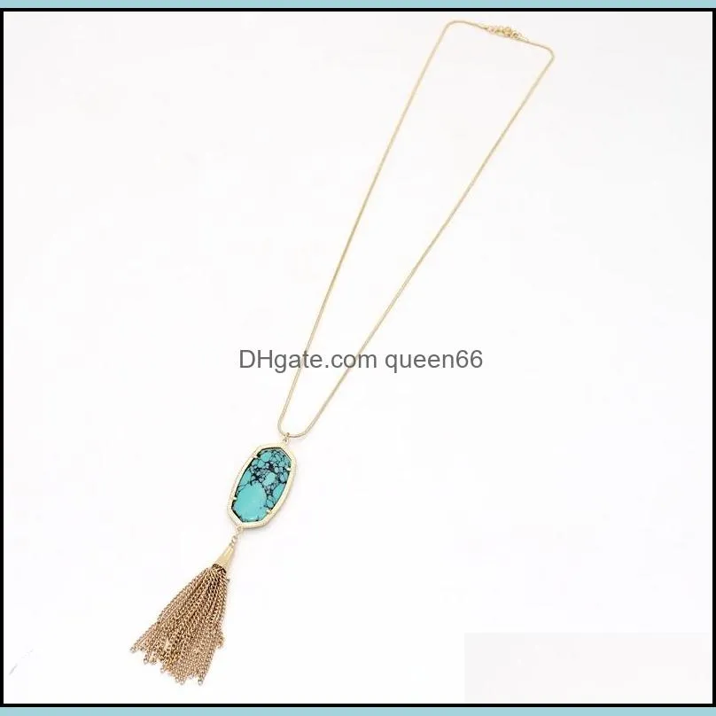 oval hexagon stone pendant tassel turquoise necklaces for lady brand jewelry