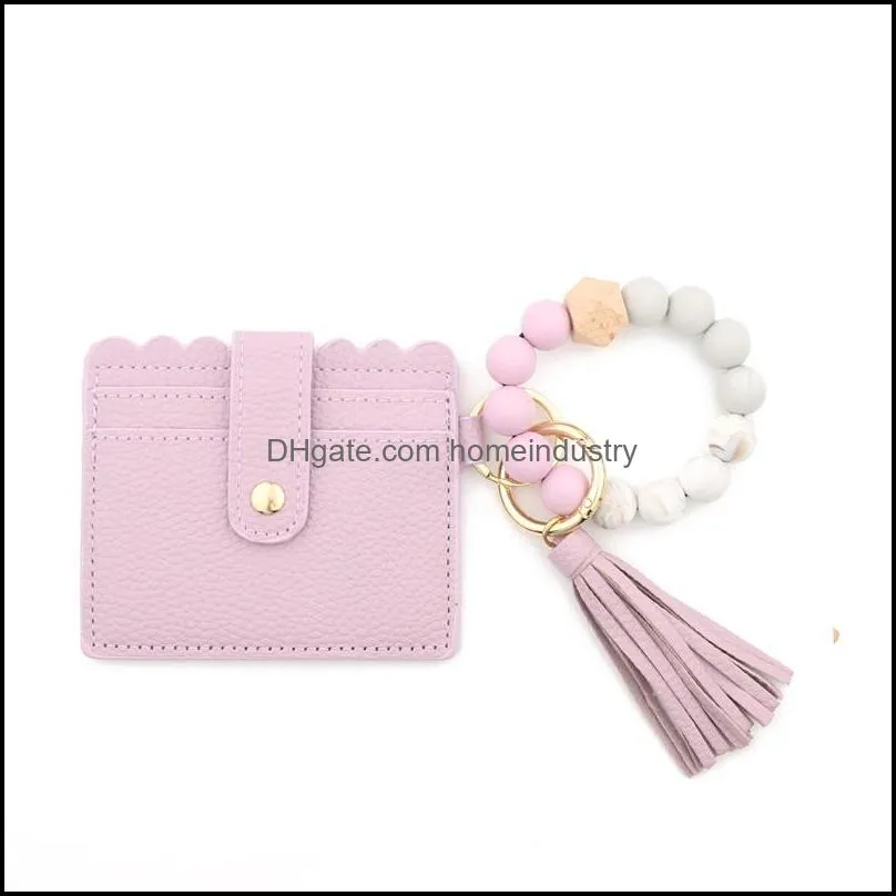 pu leather bracelet wallet keychain party favor tassels bangle key ring holder card bag silicone beaded wristlet keychains handbag women