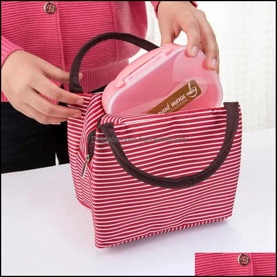 leisure women portable lunch bag canvas stripe insulated cooler s thermal food picnic s kids box tote