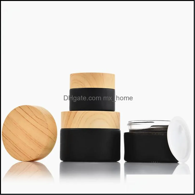 black frosted glass bottle jars cosmetic jars with woodgrain plastic lids pp liner 5g 10g 15g 20g 30 50g lip balm cream containers 903