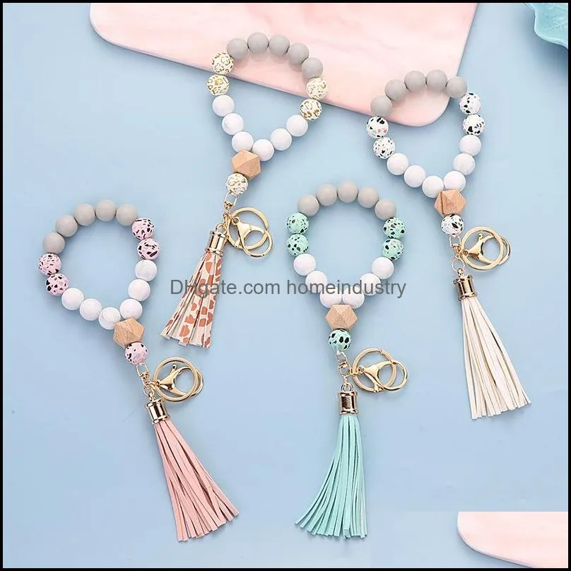 silicone bead bracelet female tassel key chain party favor pendant bracelets rubber wristband fashion keychain wristlet bangles wrist ring