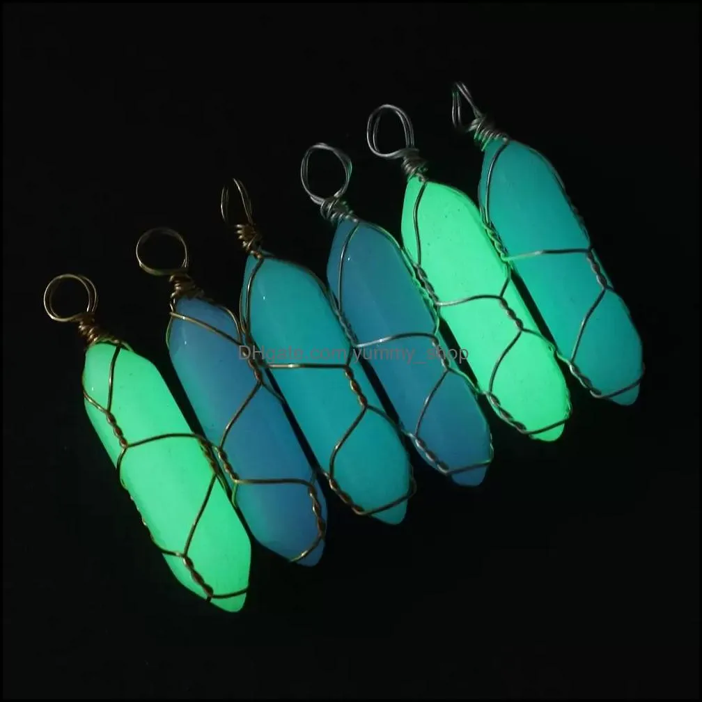 hexagonal cylindrical crystal stone charms glow in the dark luminous wire wrap stones pendant for necklaces jewelry making women men