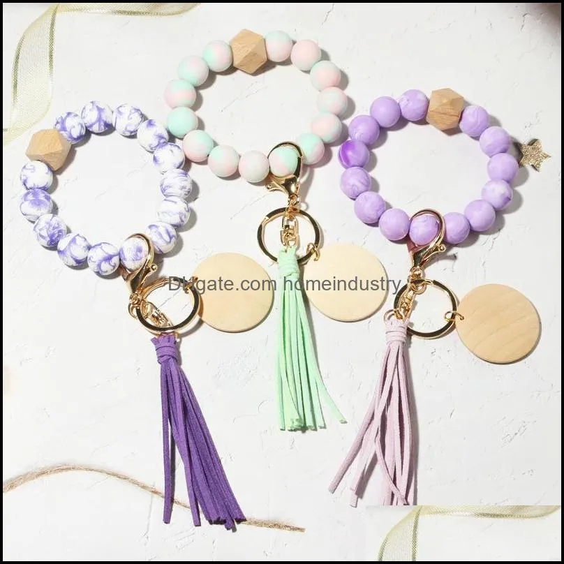 beautiful silicone wood beads keychain keyring for women wristlet bracelet pendant keychain with jewelry accessories