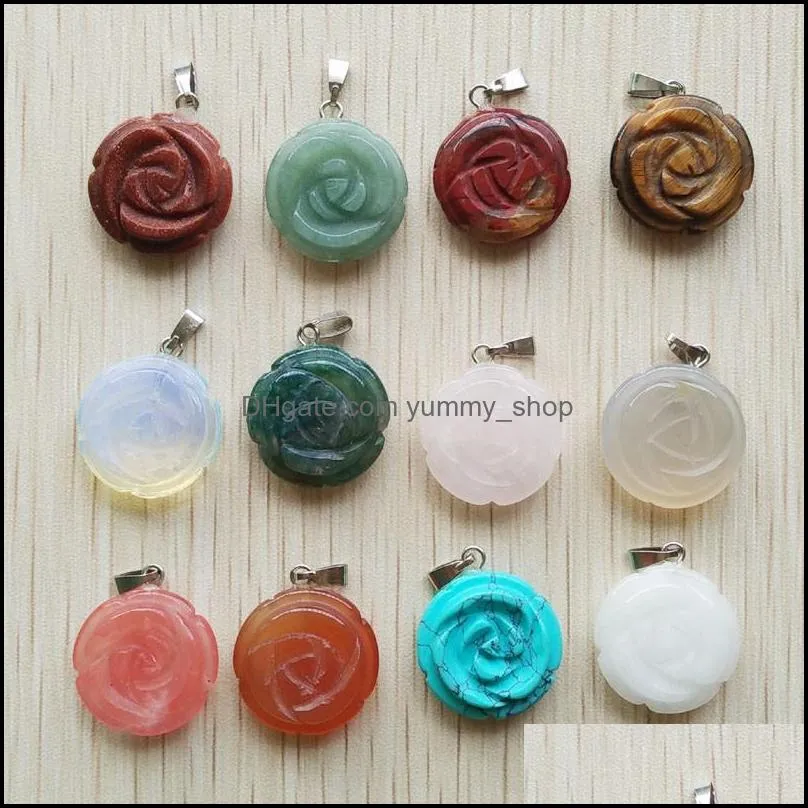 carved rose flower assorted natural stone charms crystal pendants for necklace accessories jewelry making