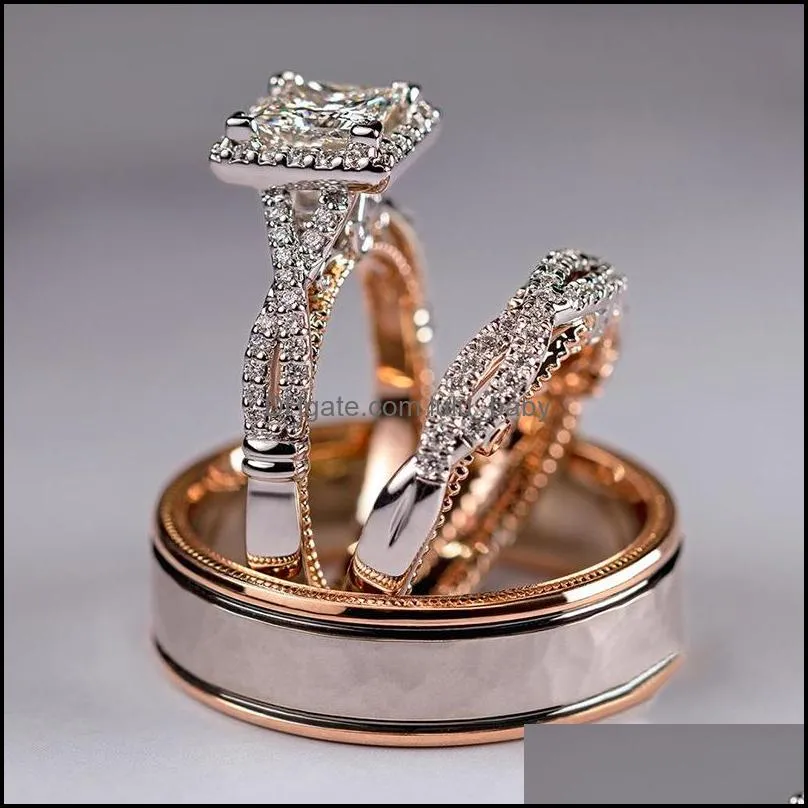 wukalo gorgeous 3pcs/set women wedding rings mosaic cz two tone romantic female engagement rings fashion jewelry top quality 819 q2