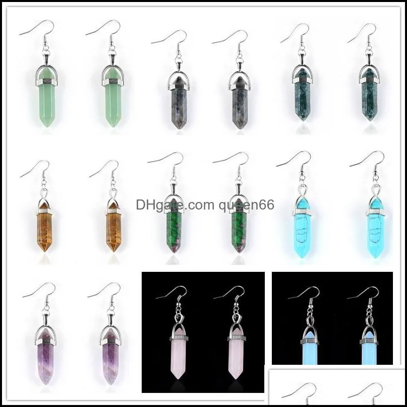 hexagonal prism rose crystal quartz tiger eye opal stone charms turquoises earrings amethysts hanging earring fashion women jewelry