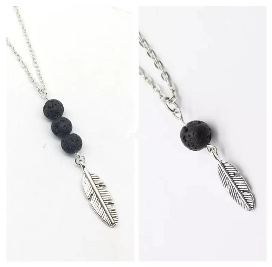 black lava stone feather pendant necklace aromatherapy  oil perfume diffuser necklaces for women jewelry
