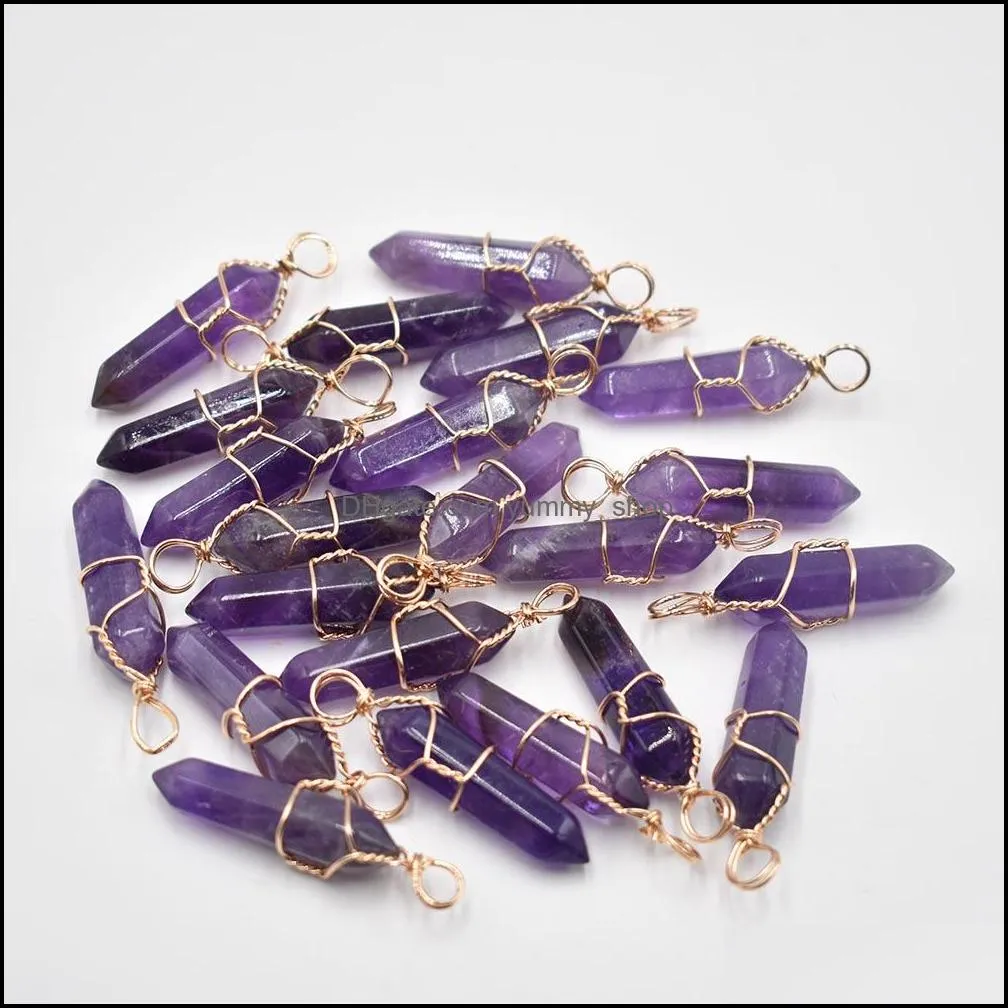 amethyst stone pillar shape point pendulum charms handmade gold color iron wire pendants for fashion jewelry making wholesale