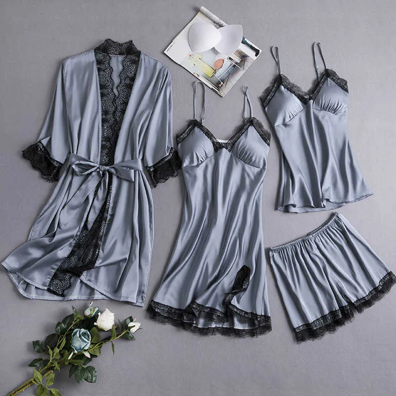 Pajamas Women`s Sleepwear Summer Lingerie Nightgown Set Sexy Ice Silk Suspender Shorts Set Home Clothes With Chest
