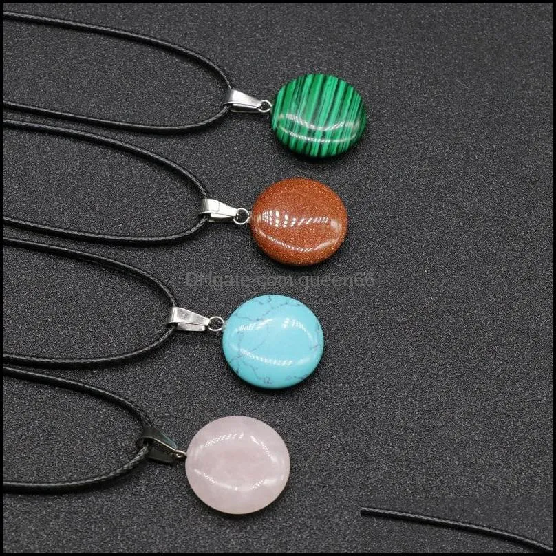 20mm flat round stone crystal quartz opal pendant & necklace leather chains for men women fashion jewelry