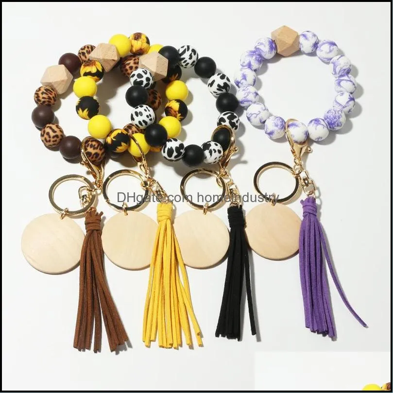 beautiful silicone wood beads keychain keyring for women wristlet bracelet pendant keychain with jewelry accessories