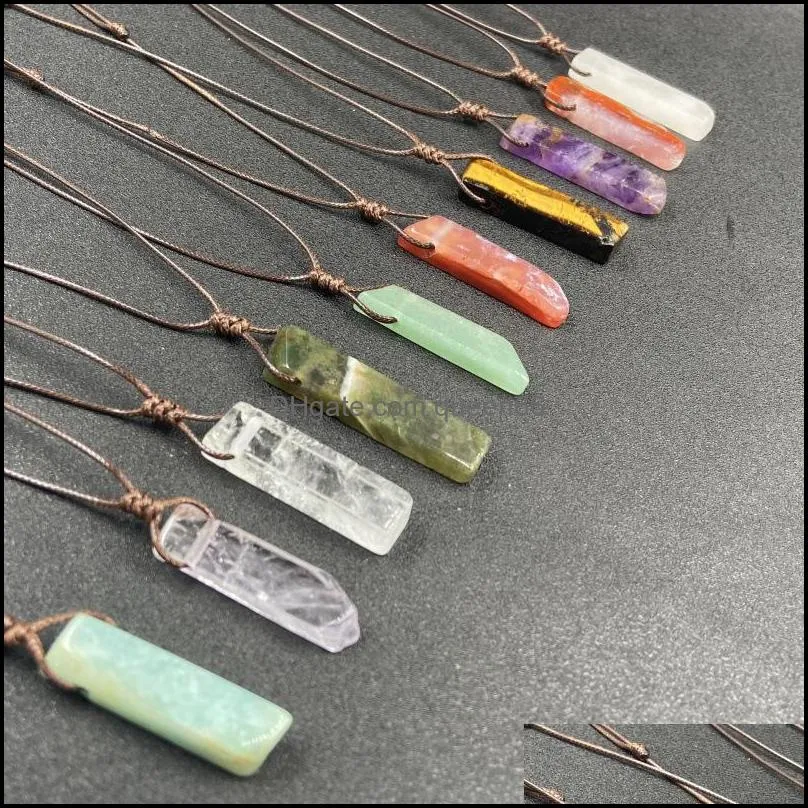 irregular long slim stripes stone pendant braided brown rope chain healing crystal pendants necklace for women gift jewelry