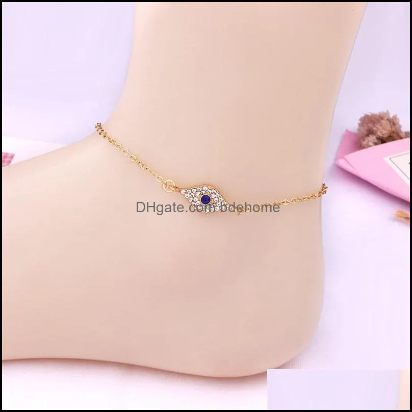 blue crystal anklets 14k gold plated ankle bracelet white cubic zirconia foot chain evil eye jewelry 1868 t2