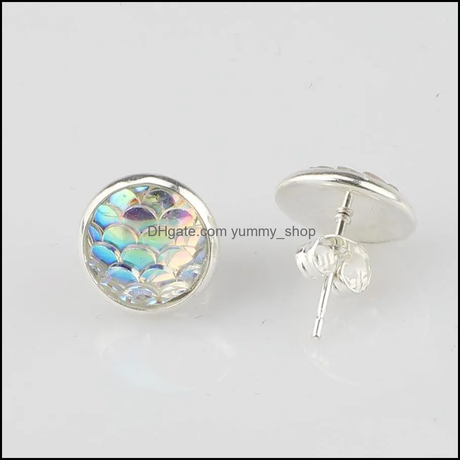 10mm 12mm resin fish scale silver plated stud earings drusy druzy earrings jewelry women party gift dress candy colors