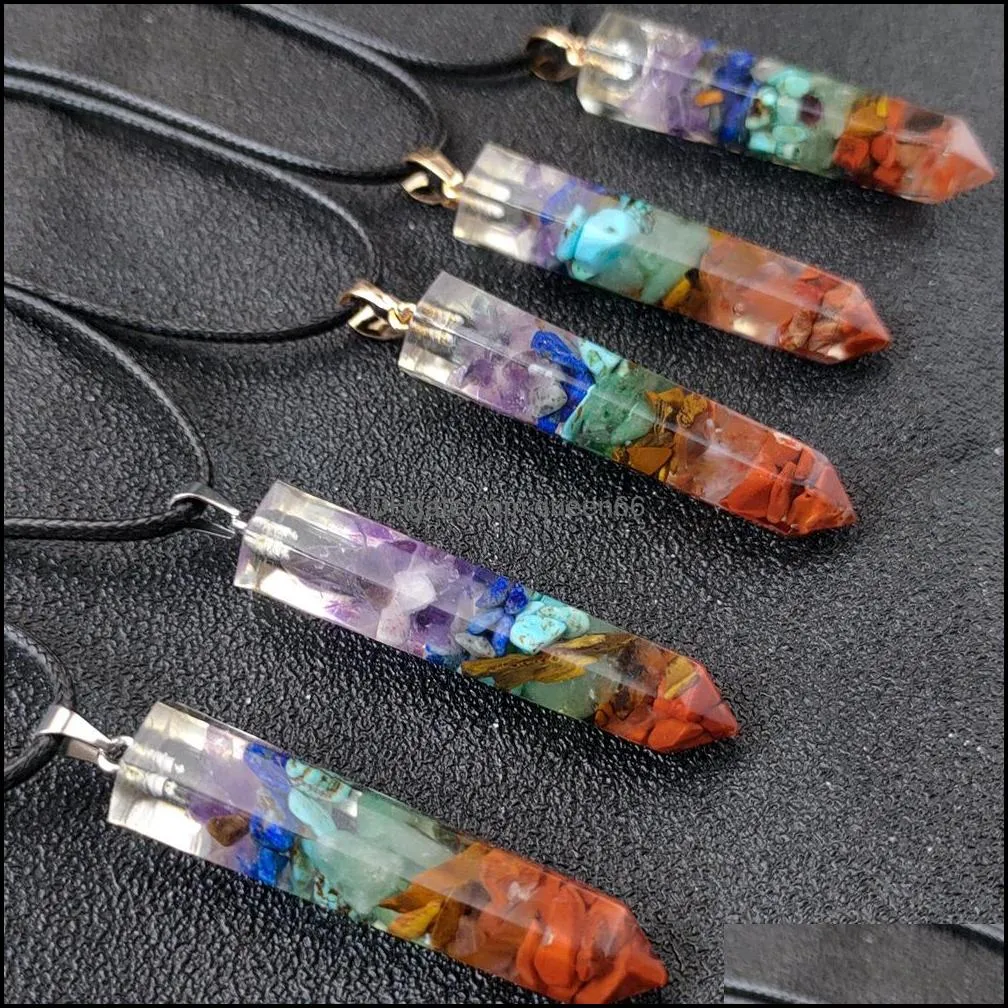 hexagonal prism seven chakras healing crystal pendulum pendant necklace charms for women men rope chain gift jewelry