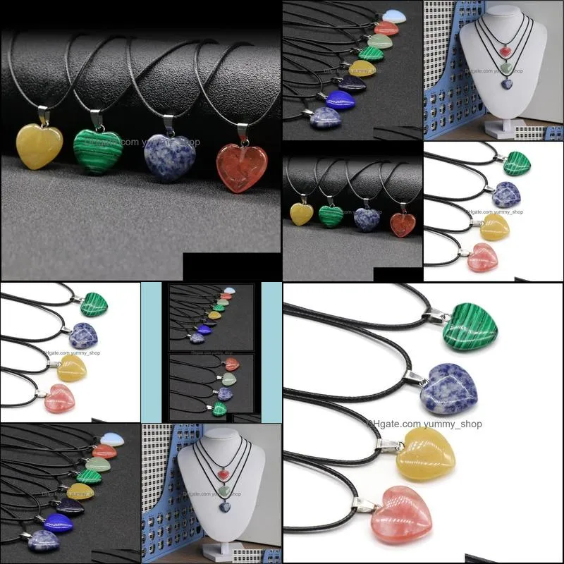 heart shape stone crystal quartz opal pendant & necklace leather chains for men women fashion jewelry