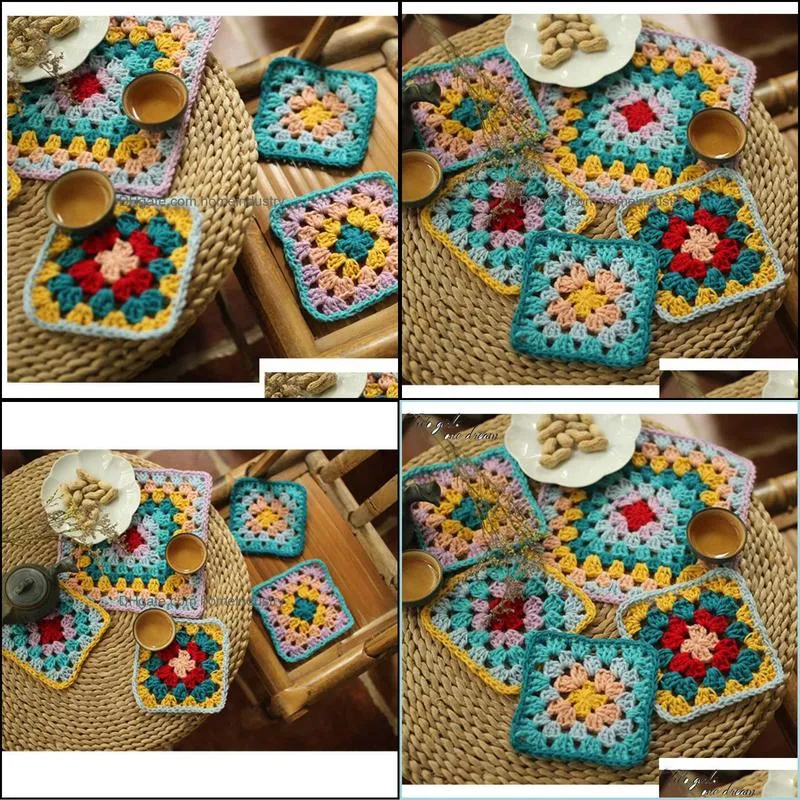 original handmade crochet doilies suit square diy colors coaster dining room table decor placemats traycloth prop 12-19cm 10pcs/