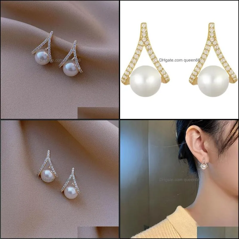 acrylic pearl beads charms rhinestone gold stud earrings korean personality geometric temperament earring for women anniversary gift