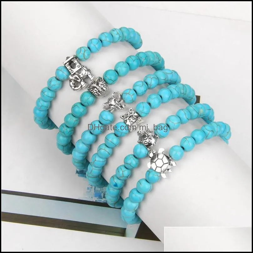 beaded natural stone bracelets blue tortoise strand bracelet sea turtle charm turquoise stone beads women mens