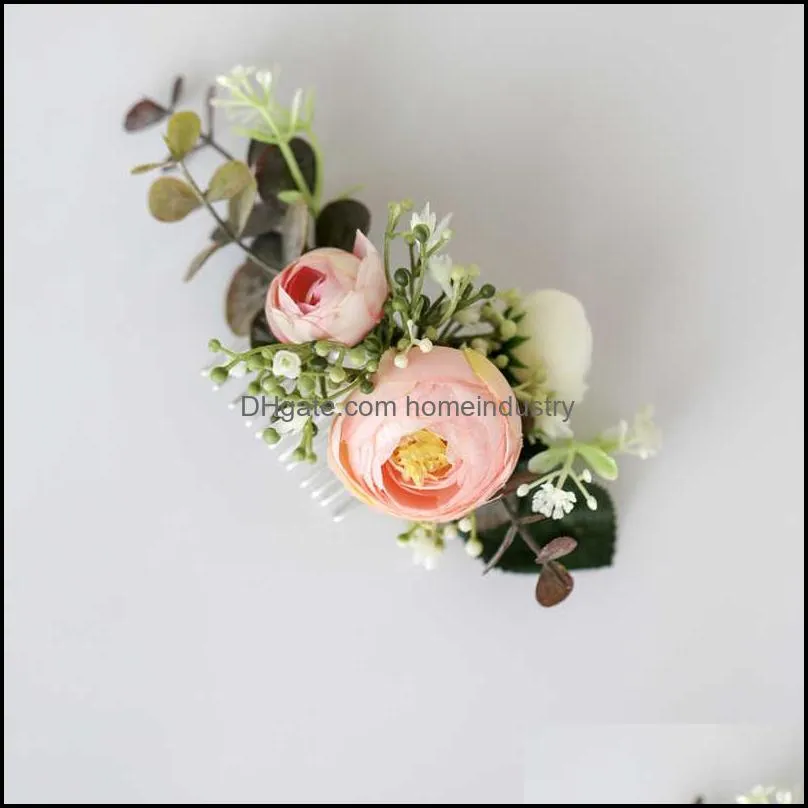 handmade greenery hair comb bride head piece pink flower and leaf headwear for wedding ceremony