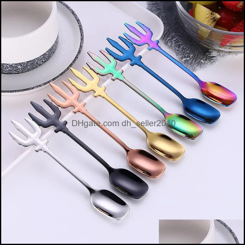 multicolor 304 stainless steel spoon creative idea food grade material household coffee trident fruit spoons unique shape scoop 3 8dz