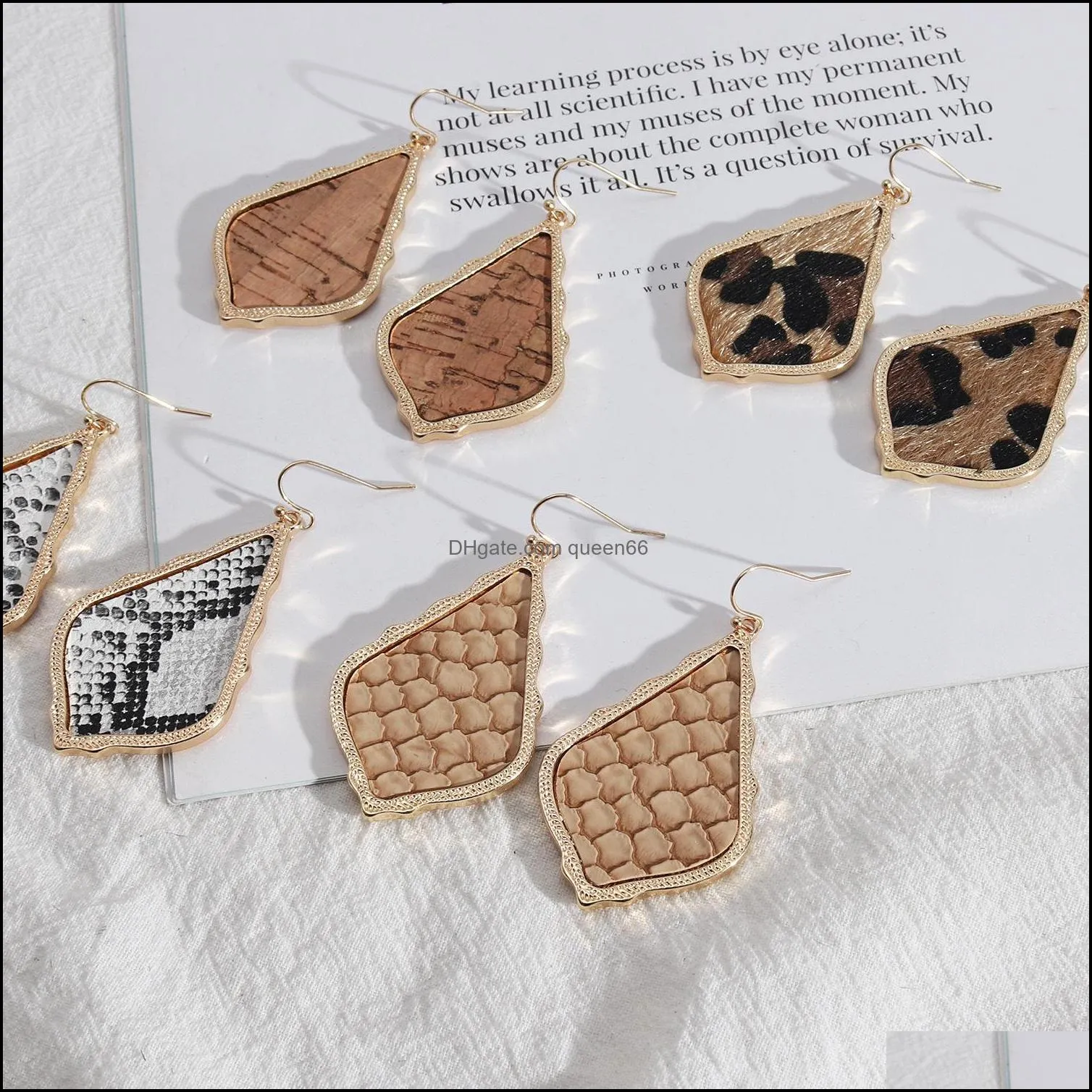 teardrop frame inspired abalone shell papper leopard leather charms earrings snakeskin pu geometric women jewelry