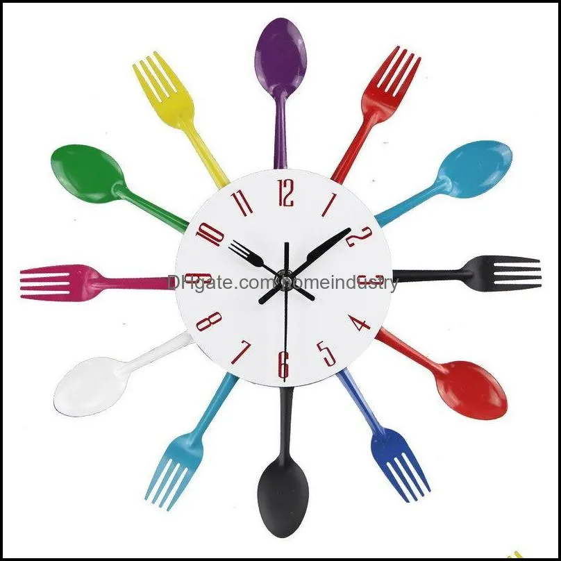 wall clocks modern silver tableware kitchen 3d diy digital clock spoon fork crystal mirror sticker living room home decorationwall