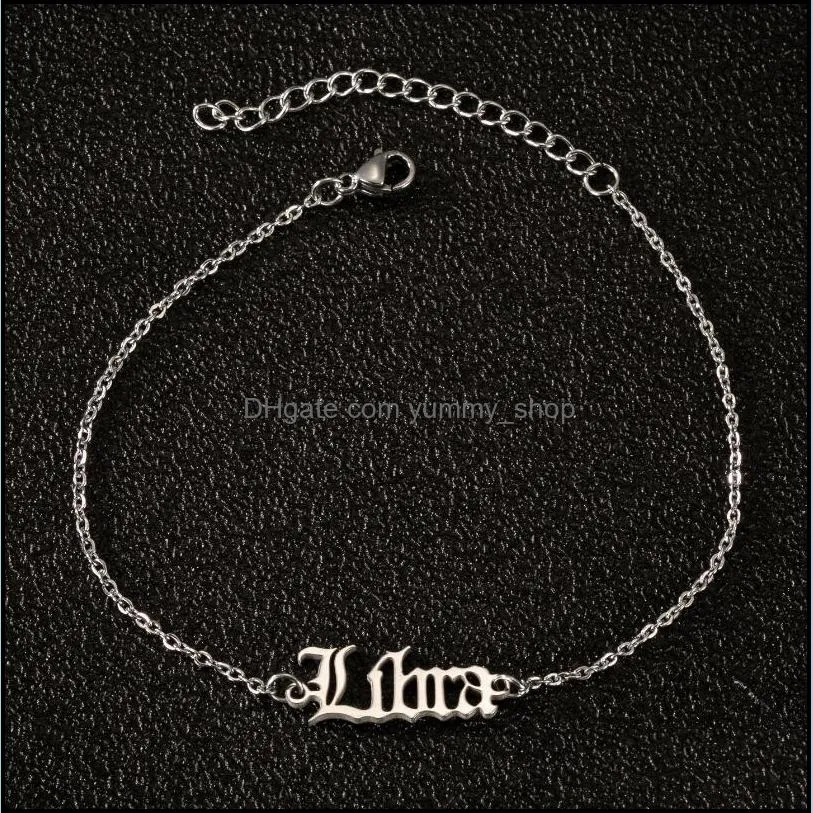 old english zodiac sign punk charm anklets 12 constellation classic letter ankle bracelet stainless steel jewelry women gift