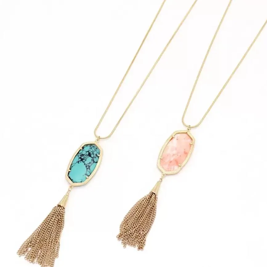 oval hexagon stone pendant tassel turquoise necklaces for lady brand jewelry