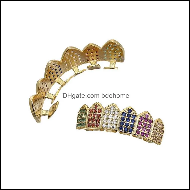 hip hop colourful teeth grills top bottom iced out bling grillz dental shiny mouth teeth caps party vampire tooth rock jewelry 303c3