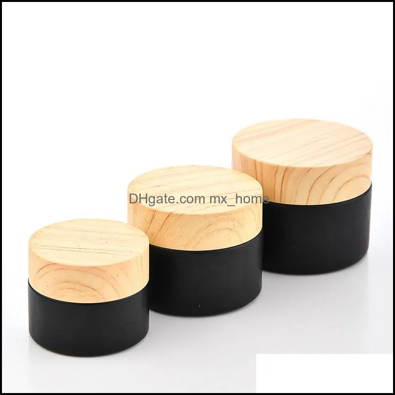 black frosted glass bottle jars cosmetic jars with woodgrain plastic lids pp liner 5g 10g 15g 20g 30 50g lip balm cream containers 903