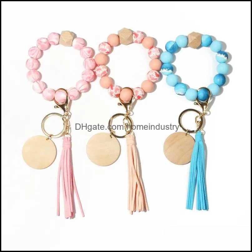 beautiful silicone wood beads keychain keyring for women wristlet bracelet pendant keychain with jewelry accessories