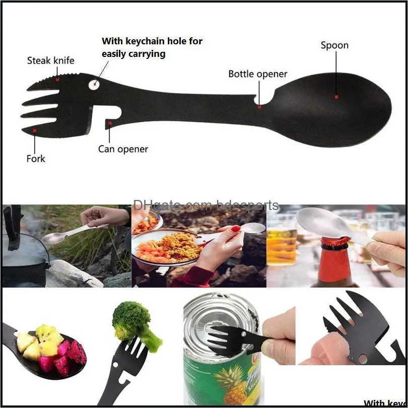 multi-function fork spoon 5 in 1 portable stainless steel multi flatware bottle opener cutter for camping,hiking my-inf0680 762 k2