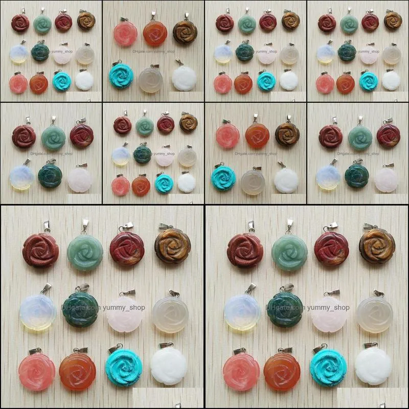 carved rose flower assorted natural stone charms crystal pendants for necklace accessories jewelry making