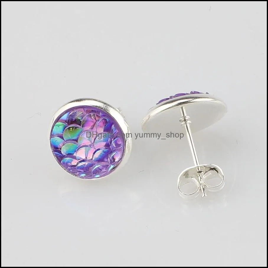 10mm 12mm resin fish scale silver plated stud earings drusy druzy earrings jewelry women party gift dress candy colors