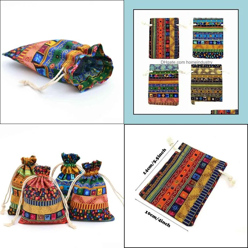 12pcs egyptian style jewelry packaging pouch print drawstring bag sachet candy ethnic travel purse cotton gift bags