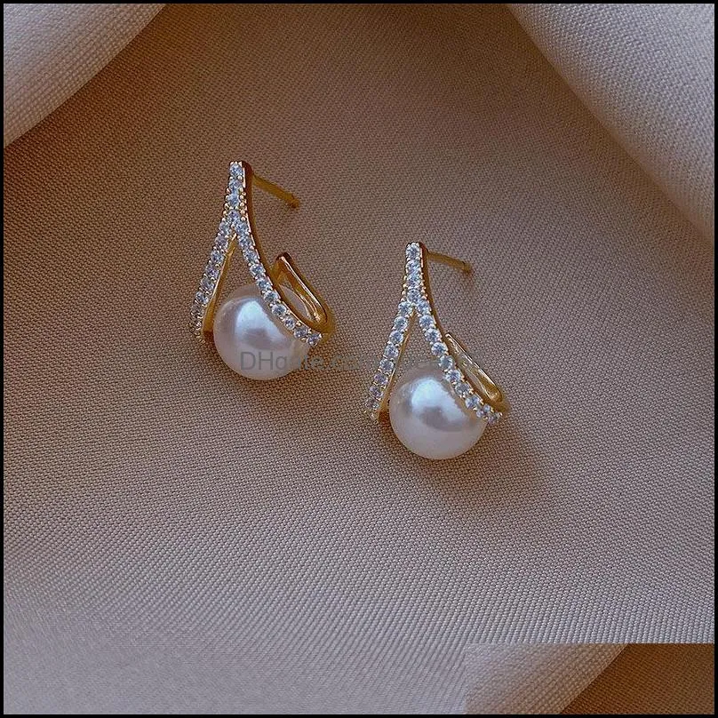 acrylic pearl beads charms rhinestone gold stud earrings korean personality geometric temperament earring for women anniversary gift