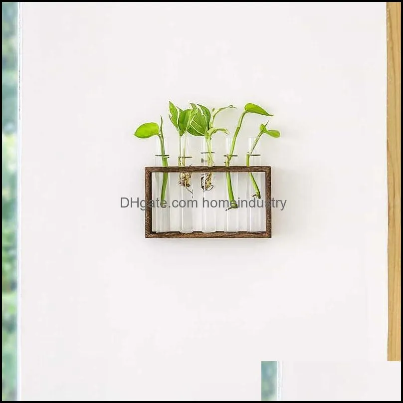 vintage wood stand rack with glass tube planter tabletop flower vase terrarium for propagating hydroponics plants decoration