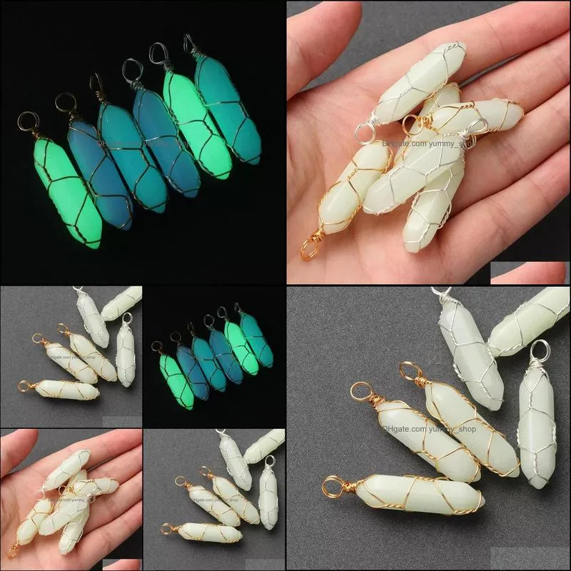 hexagonal cylindrical crystal stone charms glow in the dark luminous wire wrap stones pendant for necklaces jewelry making women men